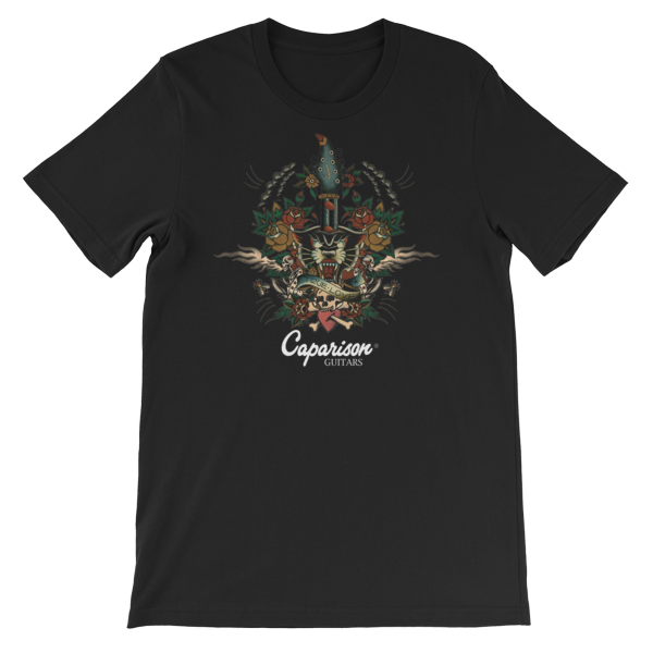 Official Caparison Guitars Tattoo design T-Shirt, full colour print.